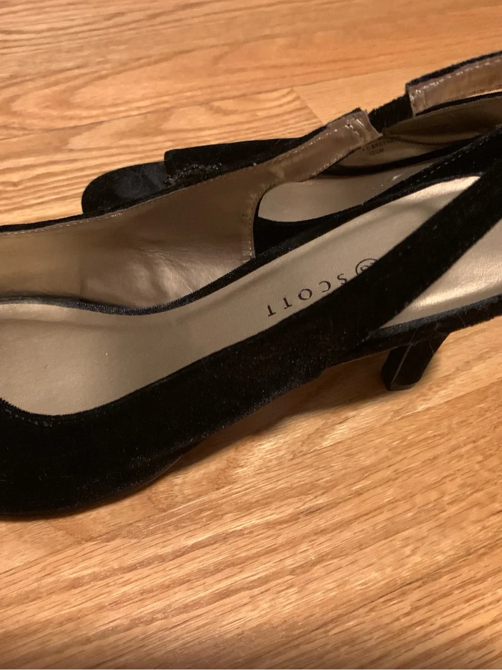 Karen Scott Black Velvet Slingback Peep-Toe Heels with Beaded Cluster